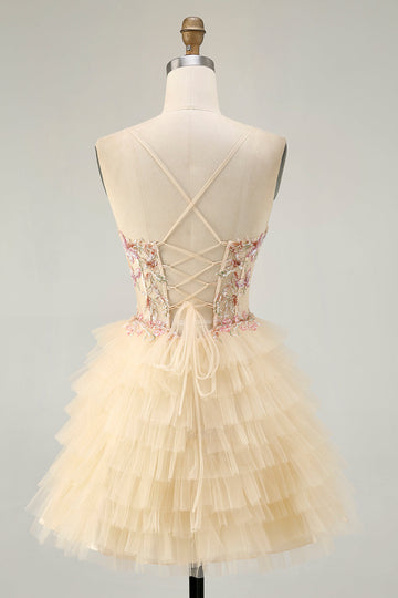 Apricot Spaghetti Straps Corset A Line Ruffled Homecoming Dress